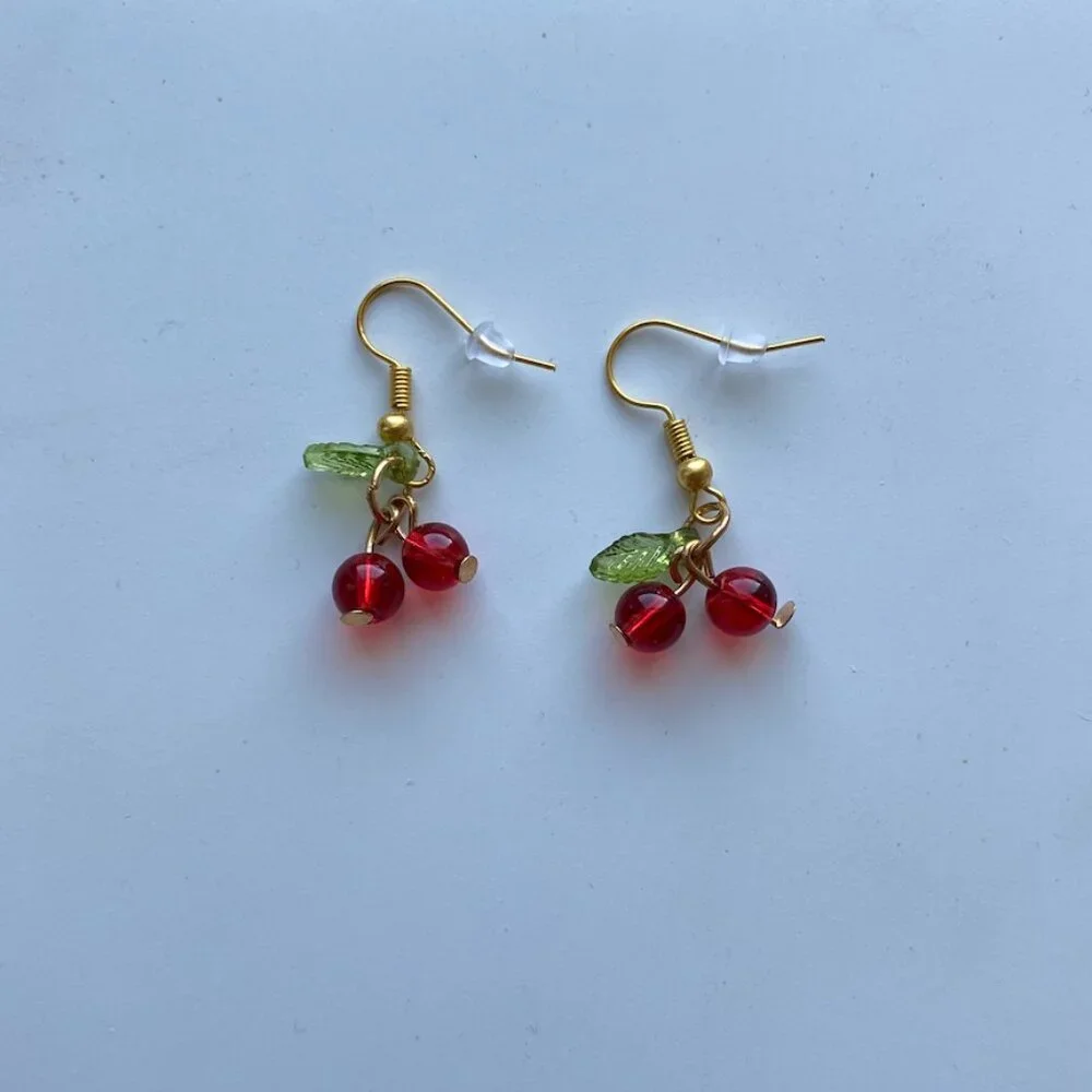 Cherry Earrings GOLD STAINLESS STEEL Cute Kawaii Fruit Jewelry - Picture 7 of 7